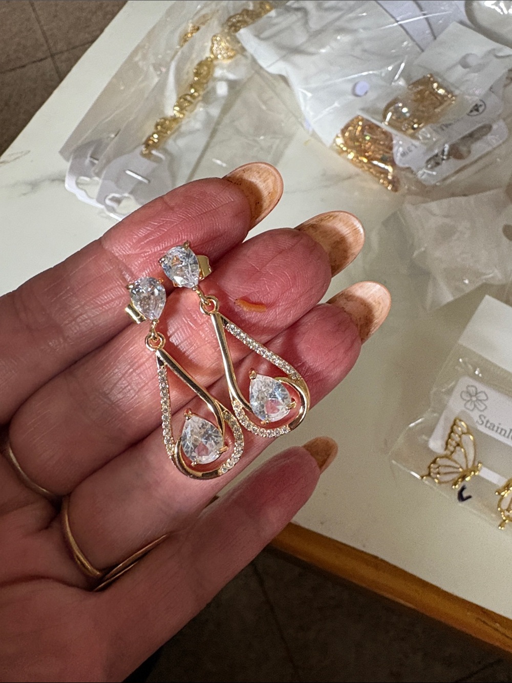 Gold Teardrop CZ Dangle Earrings - Gold Color